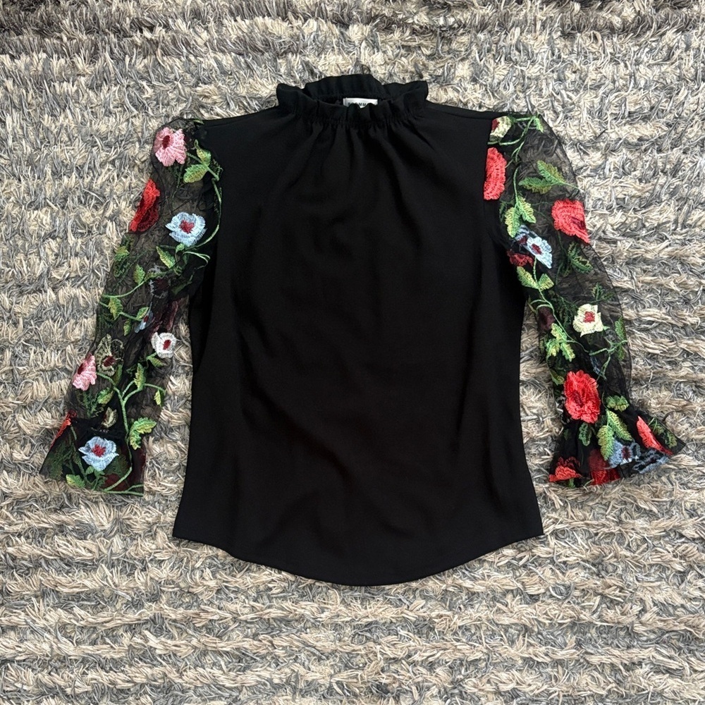 NWOT! Chic Black Blouse with Floral Embroidered Mesh Sleeves, Size S